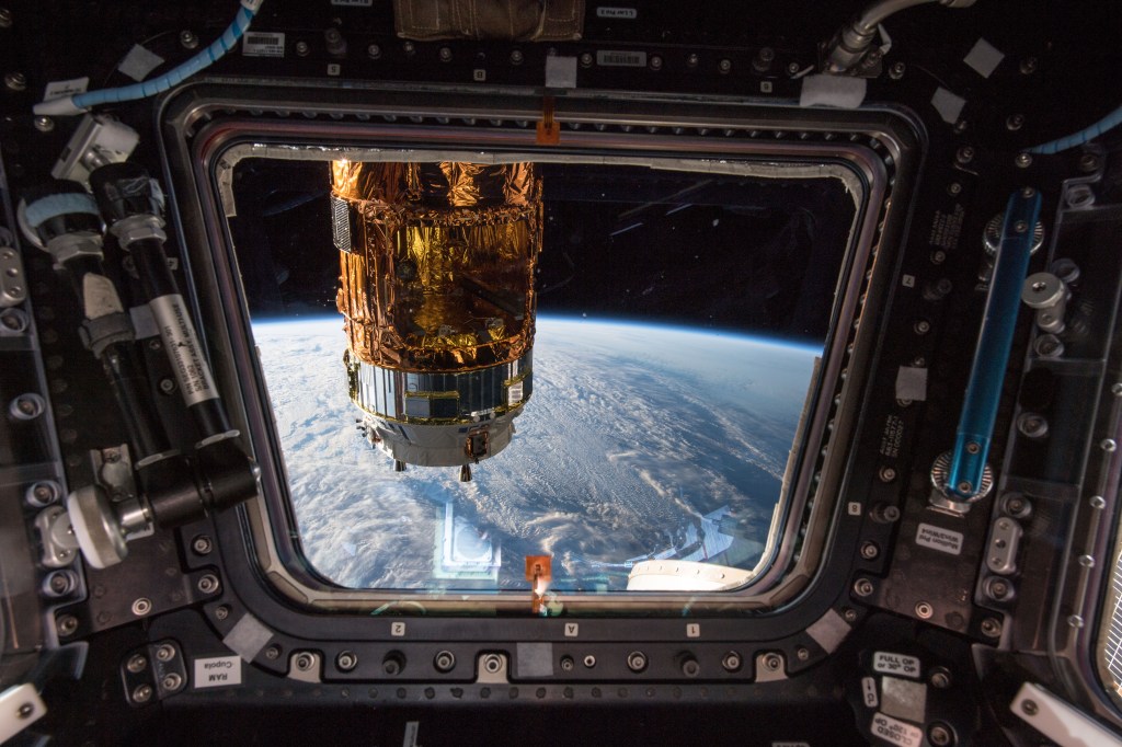 The H-II Transfer Vehicle-7 (HTV-7) from the Japan Aerospace Exploration Agency (JAXA) is viewed from one of seven windows inside the cupola, the International Space Station's "window to the world." The orbital complex was flying at an altitude of about 257 miles off the coast of Canada above the Gulf of St. Lawrence.