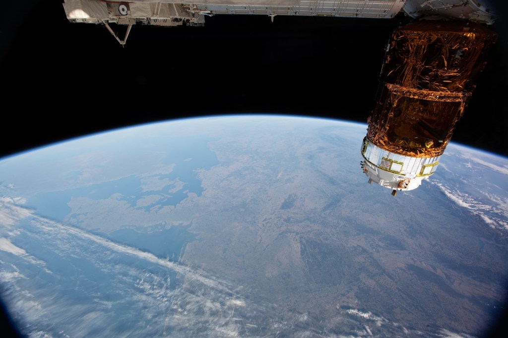 The International Space Station was orbiting 257 miles above the English Channel when this photograph was taken of the Northern European countries of Denmark, Germany, Sweden and Poland. Japan's H-II Transfer Vehicle-7, or HTV-7 resupply ship, is pictured at right attached the Harmony module.