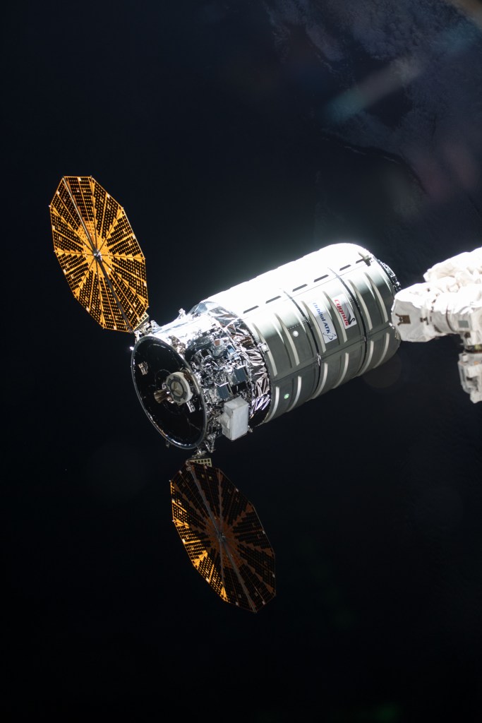The Orbital ATK space freighter approaches its capture point about 10 meters from the International Space Station where it was grappled with the Canadarm2 robotic arm.