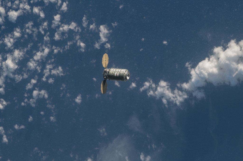 The Orbital ATK space freighter is pictured as it slowly and methodically approaches the International Space Station before its capture with the Canadarm2 robotic arm to resupply the Expedition 55 crew.