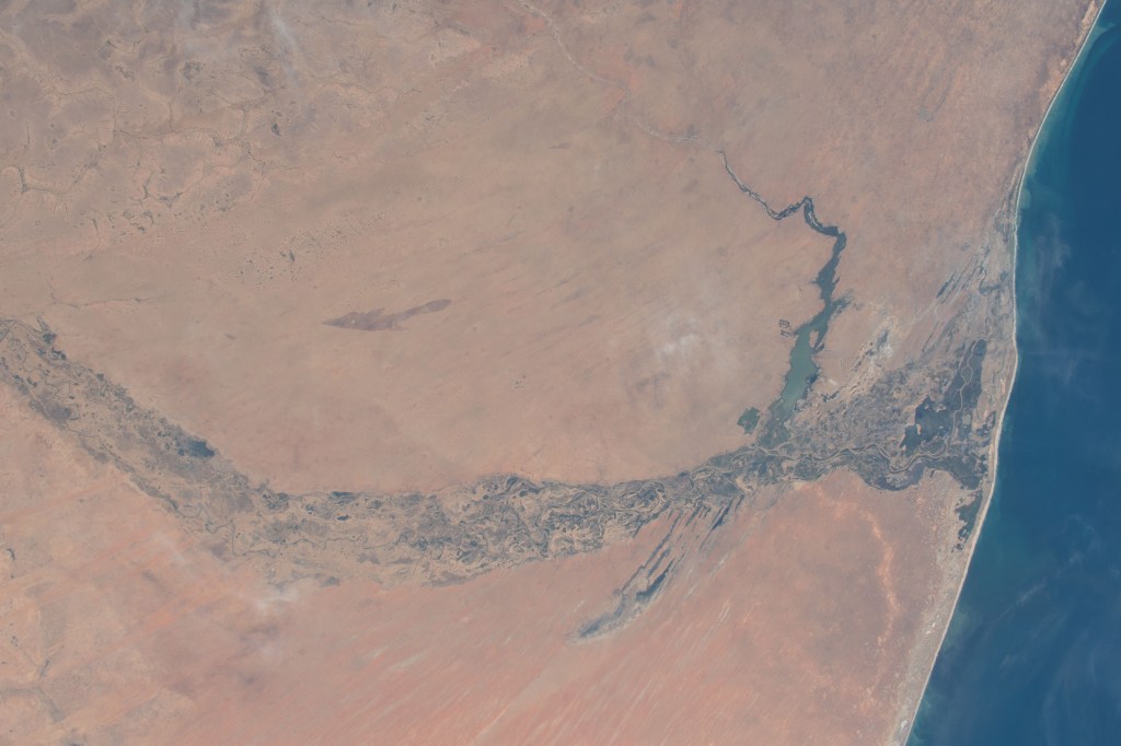 The Senegal River valley that marks the border between the Atlantic coast nations of Senegal and Mauritania is pictured as the International Space Station orbited 252 miles above the African continent.