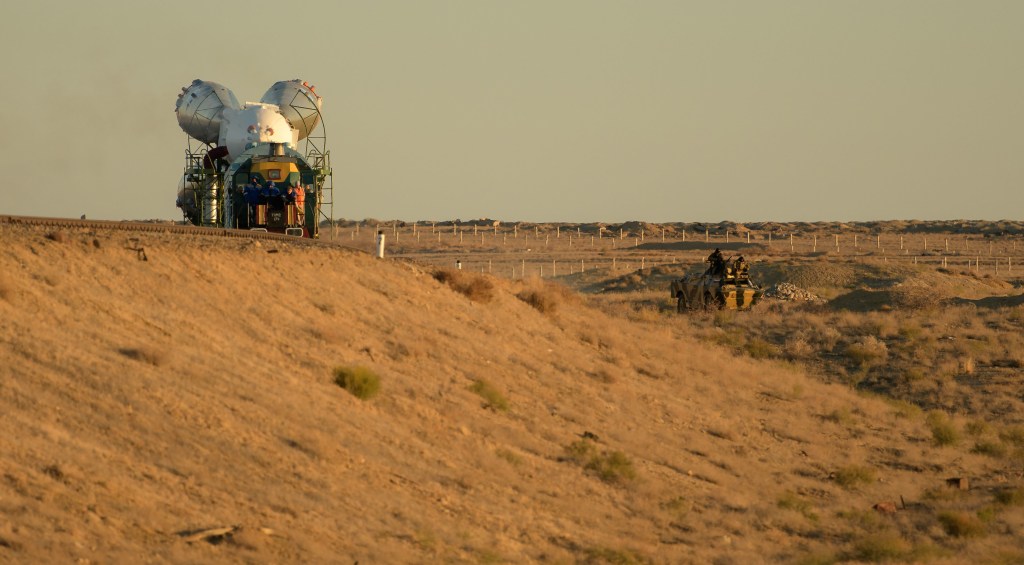 The Soyuz rocket is rolled out by train to the launch pad, Tuesday, Oct. 9, 2018 at the Baikonur Cosmodrome in Kazakhstan. Expedition 57 crewmembers Nick Hague of NASA and Alexey Ovchinin of Roscosmos are scheduled to launch on October 11 and will spend the next six months living and working aboard the International Space Station.