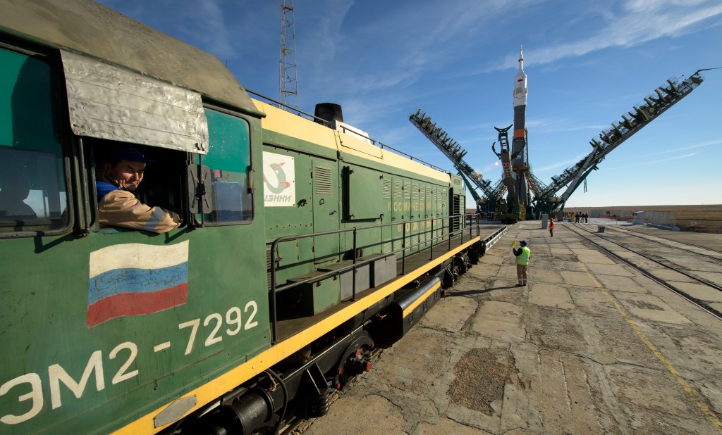 The Soyuz rocket is seen after being rolled out by train to the launch pad, Tuesday, Oct. 9, 2018 at the Baikonur Cosmodrome in Kazakhstan. Expedition 57 crewmembers Nick Hague of NASA and Alexey Ovchinin of Roscosmos are scheduled to launch on October 11 and will spend the next six months living and working aboard the International Space Station.