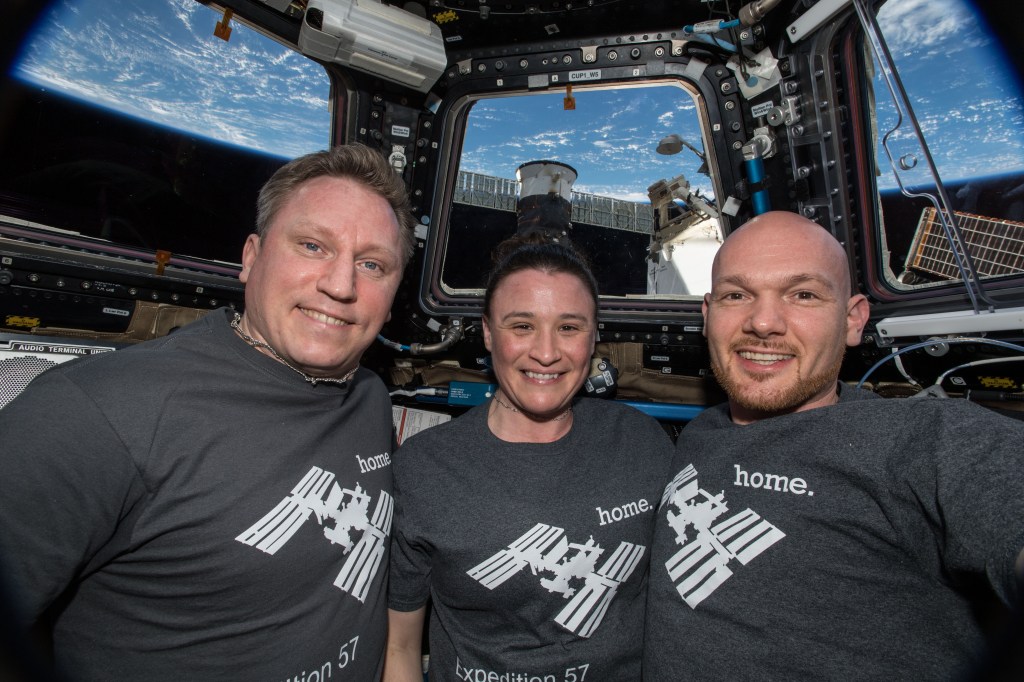 The three Expedition 57 crew members are gathered inside the cupola, the International Space Station's "window to the world," for a portrait wearing t-shirts displaying their home in space. From left are Sergey Prokopyev of Roscosmos, Serena Auñón-Chancellor of NASA and Alexander Gerst of ESA (European Space Agency). The space station was orbiting nearly 253 miles above the Solomon Islands in the South Pacific Ocean.