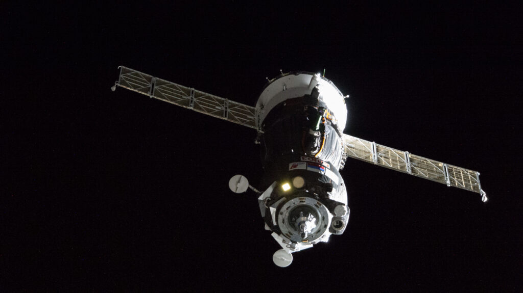 The Soyuz MS-24 spacecraft carrying three crew members approaches the International Space Station for a docking to the Rassvet module.