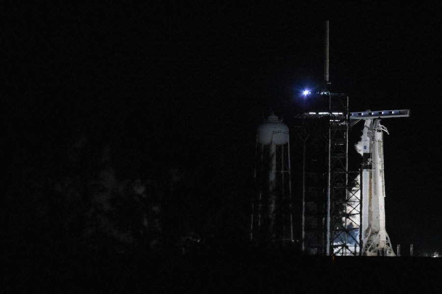 A SpaceX Falcon 9 rocket with the company’s Dragon spacecraft on top is seen on the launch pad at Launch Complex 39A ahead of NASA’s SpaceX Crew-8 mission launch at NASA’s Kennedy Space Center in Florida.