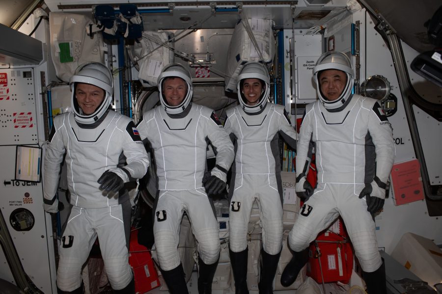 Four Expedition 70 crewmates pose in the pressure suits they will wear when they return to Earth aboard the SpaceX Dragon "Endurance" spacecraft. From left are, Roscosmos cosmonaut Konstantin Borisov, ESA (European Space Agency) astronaut Andreas Mohgensen, NASA astronaut Jasmin Moghbeli, and JAXA (Japan Aerospace Exploration Agency) astronaut Satoshi Furukawa. The quartet arrived at the International Space Station on Aug. 27, 2023, as SpaceX Crew-7 members aboard Dragon and will splash down off the coast of Florida inside the same spacecraft completing a six-and-a-half-month space research mission.