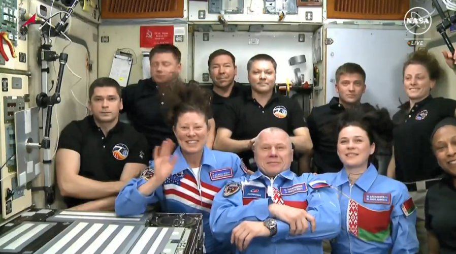 The Soyuz MS-25 crew joins the Expedition 70 crew aboard the International Space Station. Credit: NASA TV