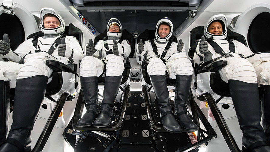 The crew of NASA's SpaceX Crew-8 mission to the International Space Station poses for a photo during their Crew Equipment Interface Test at NASA's Kennedy Space Center in Florida. Credit: SpaceX