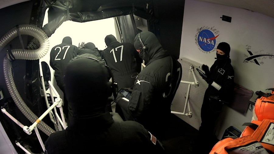 The hatch on Dragon Endeavour is closed ahead of NASA's SpaceX Crew-8 mission launch.