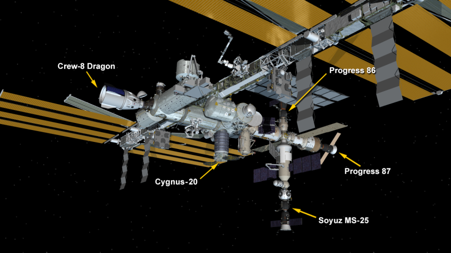 April 28, 2024: International Space Station Configuration. Five spaceships are parked at the space station including the SpaceX Dragon crew spacecraft Endeavour, Northrop Grumman’s Cygnus space freighter, the Soyuz MS-25 crew ship, and the Progress 86 and 87 resupply ships.