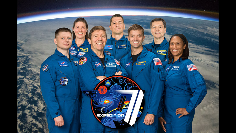 The official Expedition 71 crew portrait with (bottom row from left) Roscosmos cosmonaut Alexander Grebenkin and NASA astronauts Mike Barratt, Matthew Dominick, and Jeanette Epps. In the back row (from left) are, NASA astronaut Tracy C. Dyson and Roscosmos cosmonauts Nikolai Chub and Oleg Kononenko.