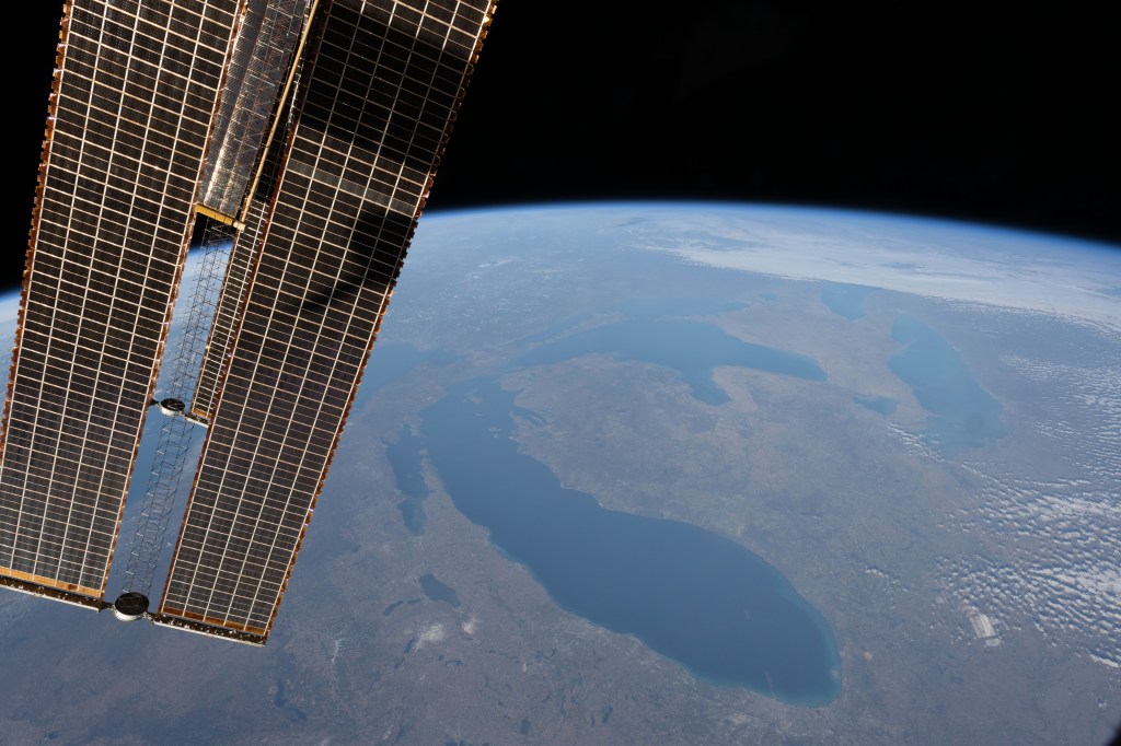 Lakes Michigan, Huron, and Erie figure prominently in this photograph from the International Space Station as it orbited 261 miles above The Prairie State of Illinois.