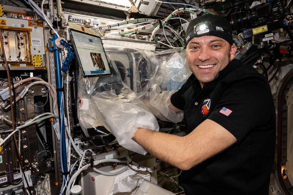 Expedition 70 Flight Engineer and NASA astronaut Matthew Dominick works inside the BioFabrication Facility using the portable glovebag aboard the International Space Station's Columbus laboratory module. He was working on the Redwire Cardiac Bioprinting Investigation that may offer the ability to print food and medicines for future space crews. Results may also enable the bioprinting of replacement organs and tissues potentially alleviating the shortage of donor organs on Earth.
