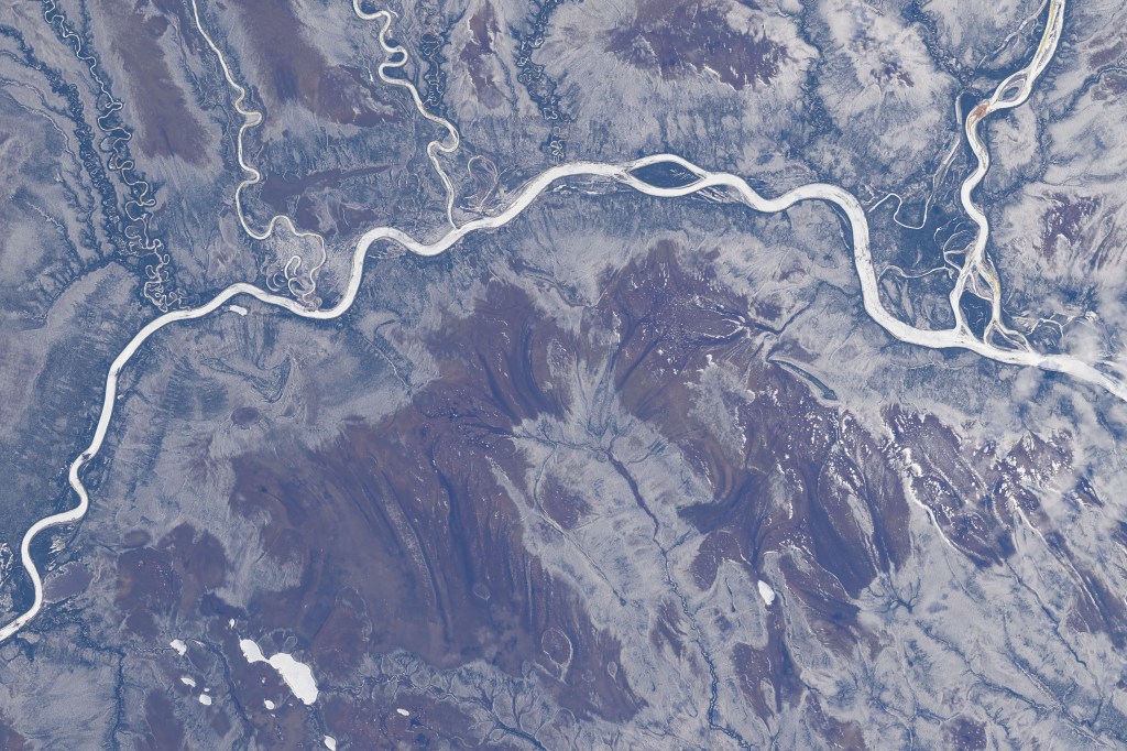 The Kenogami River, at the mouth of the Albany River (far right), is pictured in the Canadian province of Ontario from the International Space Station as it orbited 261 miles above North America.