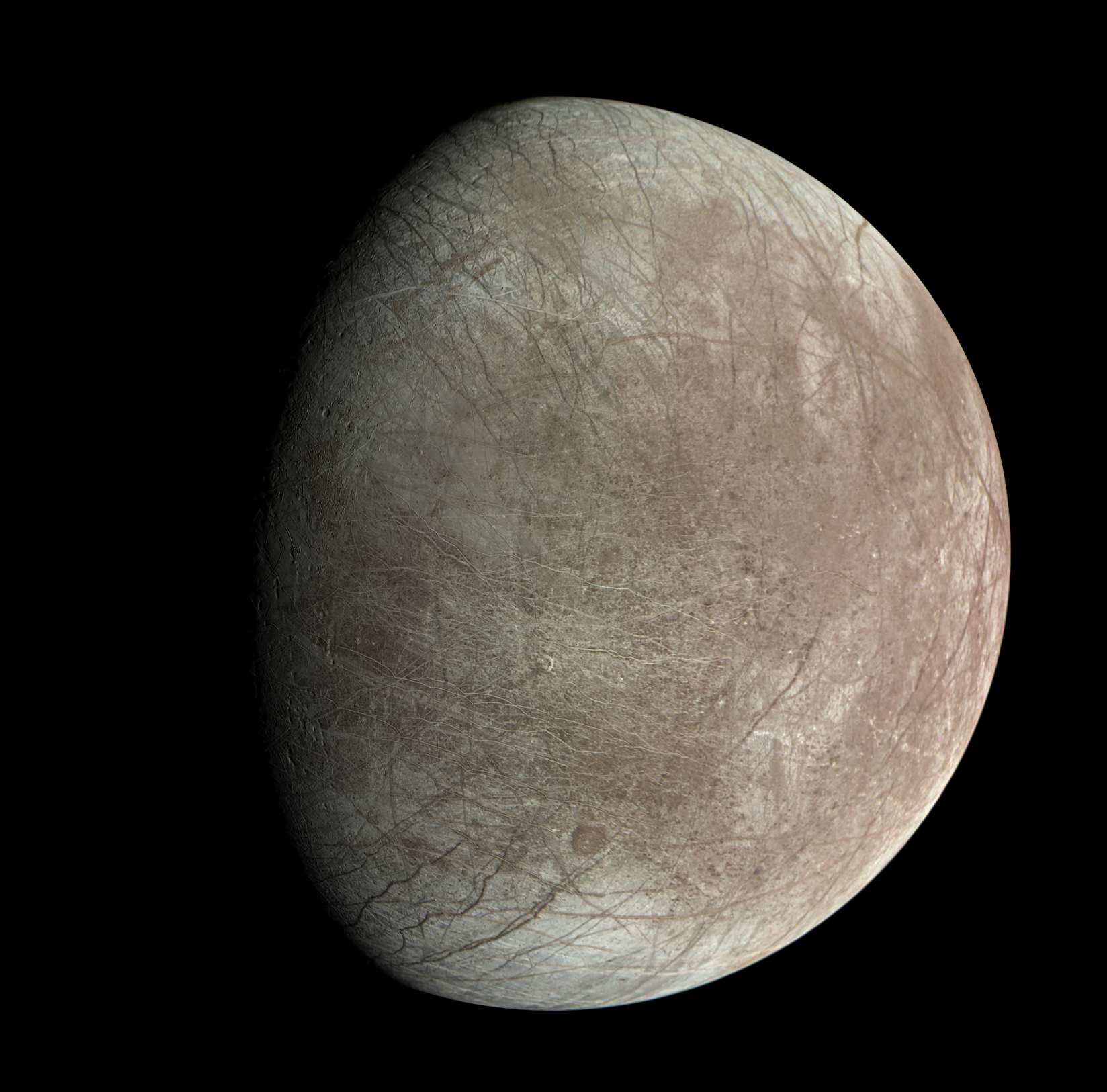 2022年9月29日，木星的卫星欧罗巴在美国宇航局“朱诺”号宇宙飞船的近距离飞越中被朱诺相机（JunoCam）仪器捕获。这些图像显示了月球表面纵横交错的裂缝、山脊和条纹。