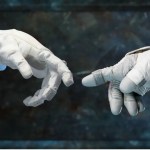 A robot hand touches an astronaut's gloved hand.