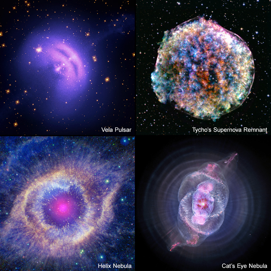 These four images showcase the 2D captured views of the cosmic objects included in the new augmented reality 3D release. Presenting multiwavelength images of the Vela Pulsar, Tycho's Supernova Remnant, Helix Nebula, and Cat's Eye Nebula that include Chandra X-ray data as well as optical data in each, and for the Helix, additional infrared and ultraviolet data.