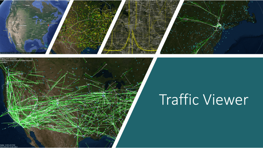 This collection of screenshots shows various TestBed display capabilities -- clockwise from top left: 3D national scale map, mixed historical traffic and simulated traffic at national scale, zoomed-in view of arrival routes into DFW airport, regional scale of arrival traffic into NWR airport with both historical and simulated/twin traffic, national scale traffic with trajectory plots.