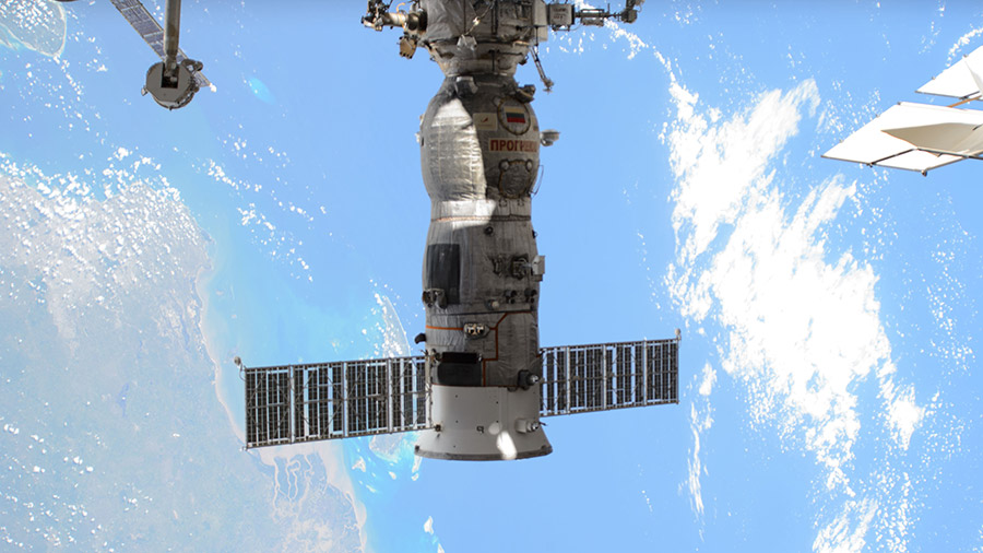 The Progress 86 cargo craft, packed with trash and obsolete gear, is pictured before undocking from the space station on May 28 ending a six-month cargo mission.