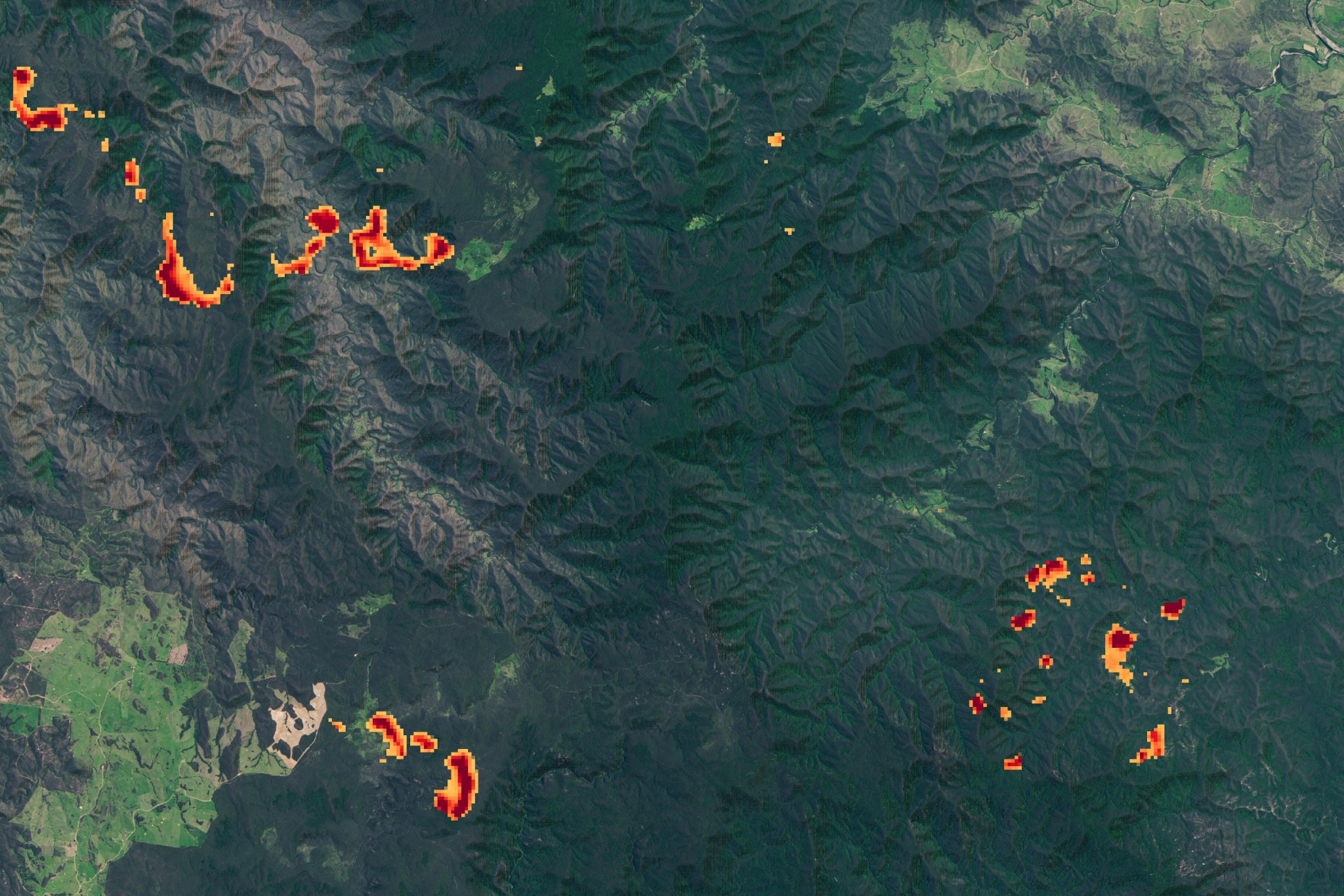 satellite view of forested mountains with red and yellow pixellated data