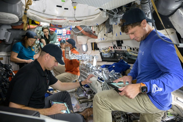 The Artemis II crew training a day in the life in the Orion mockup at NASA’s Johnson Space Center on May 2, 2024. The crew took time to simulate a routine daily schedule inside of Orion during their future lunar mission. Credit: NASA/Robert Markowitz