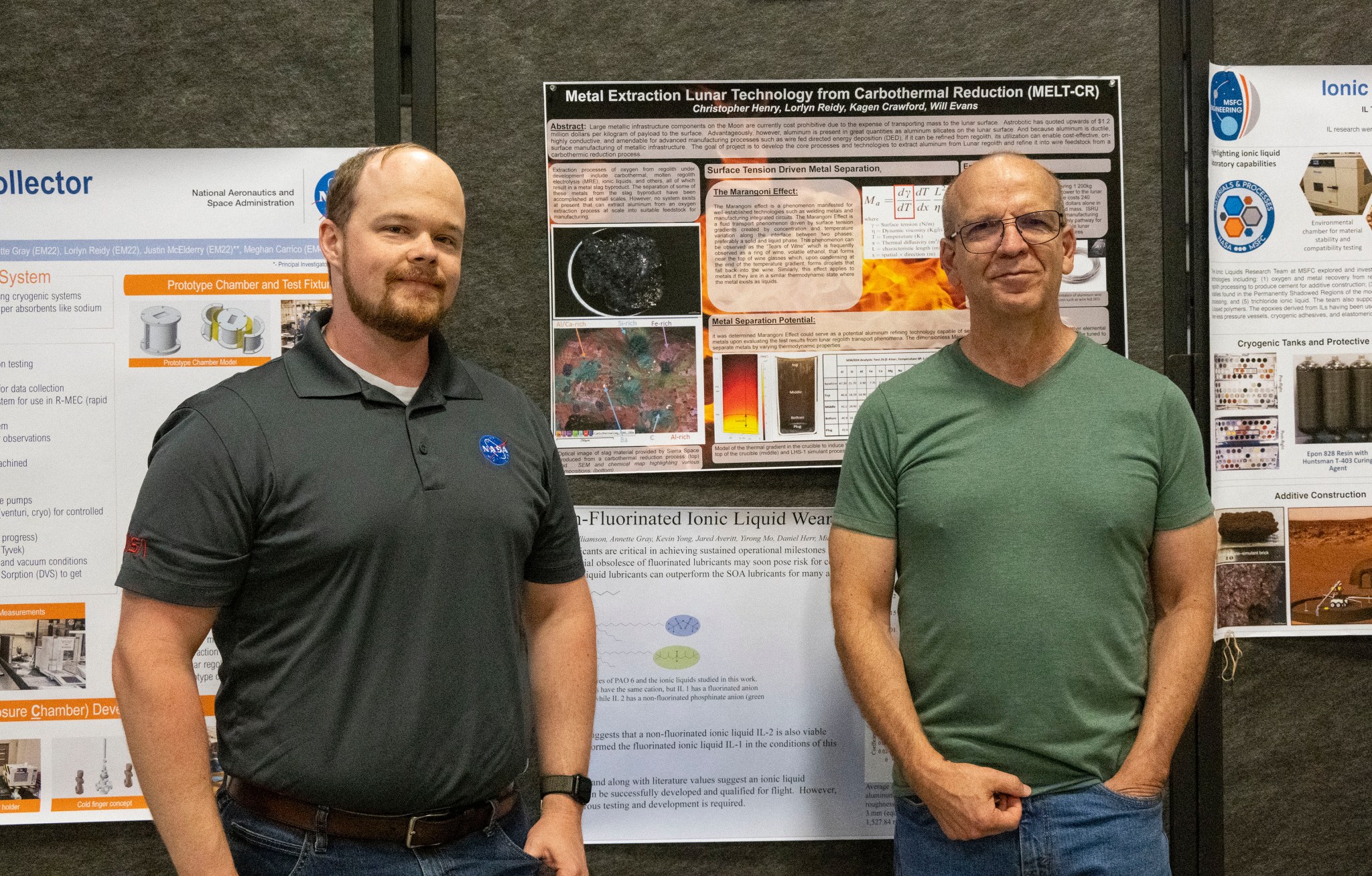 Kagen Crawford, left, building manager and controls engineer for the Environmental Control and Life Support System with Jesus Dominguez, a subject matter expert, on their study, “Metal Extraction Lunar Technology from Carbothermal Production (MELT-CR).”