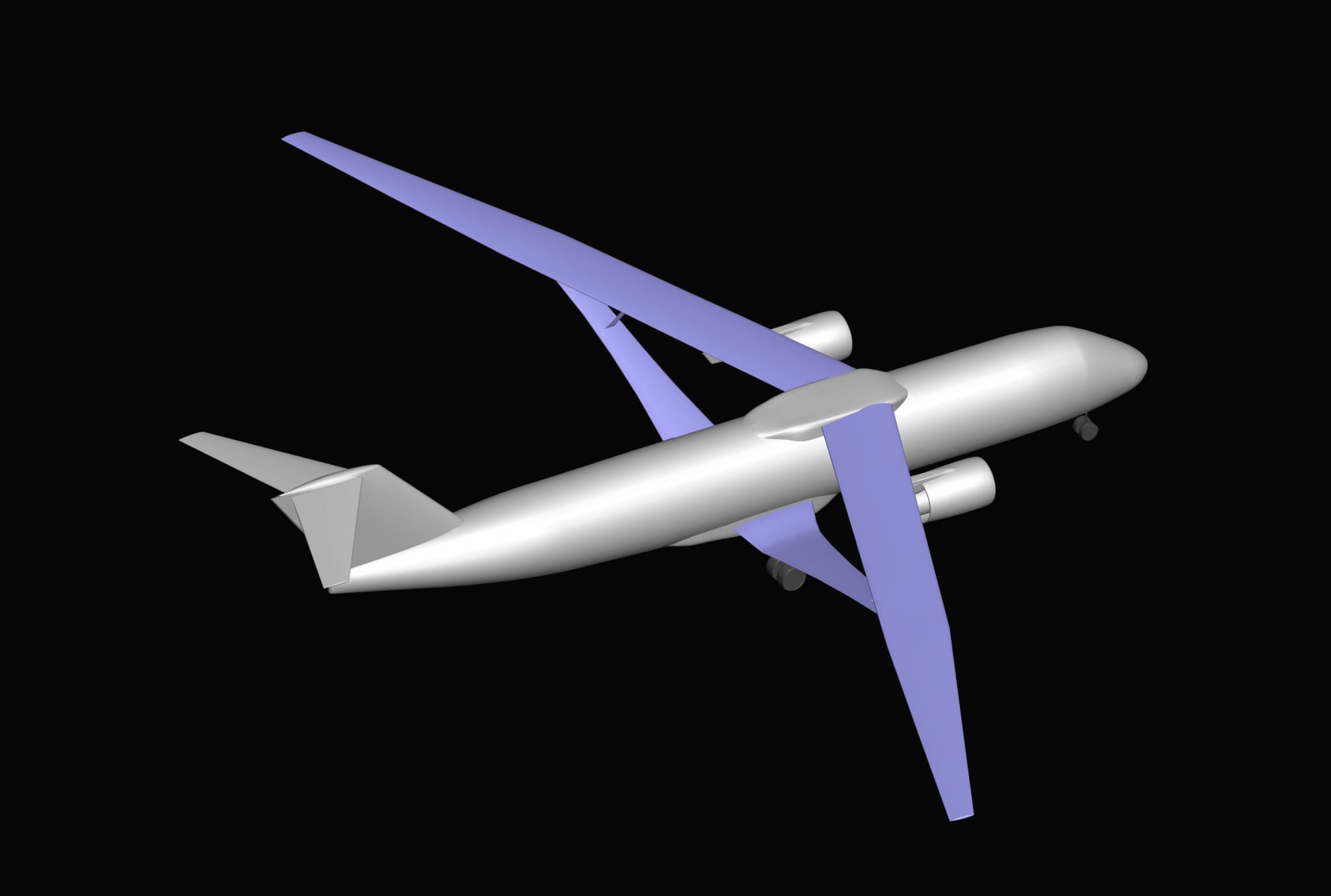 计算机生成的图像的俯视图显示，一架飞机有银色机身、T形尾翼和双喷气发动机，紫色机翼比今天的典型客机更长、更薄。