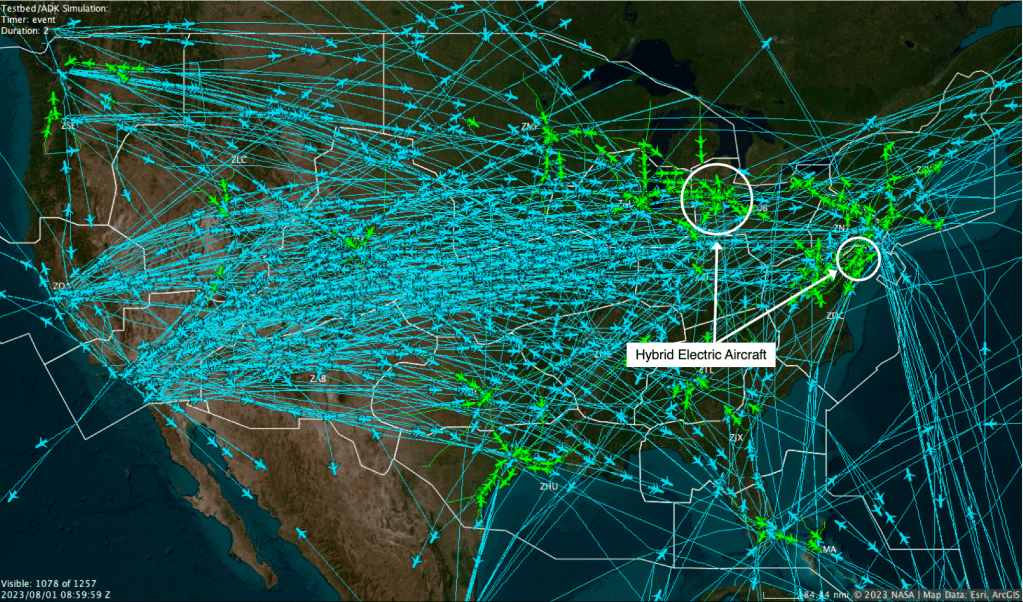 Screenshot showing a simulated flights over the continental US using the NAS Digital Twin. The image shows thousands of traditional aircraft and dozens of hybrid electric aircraft in certain areas of the US, mostly in the northeast.