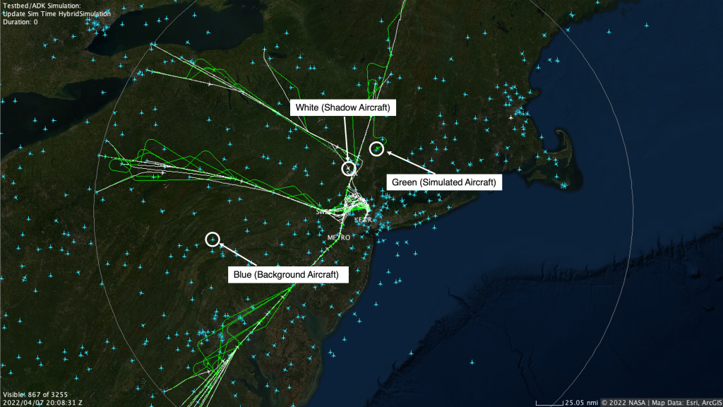 Screenshot of simulated flights using the NAS Digital Twin. The image shows shadow and simulated aircraft arrivals into Newark Airport as well as background aircraft.