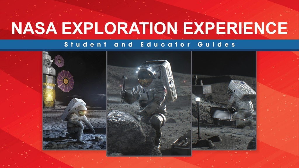 Educator Guide cover with illustrations of astronauts working on the Moon with words NASA Exploration Experience