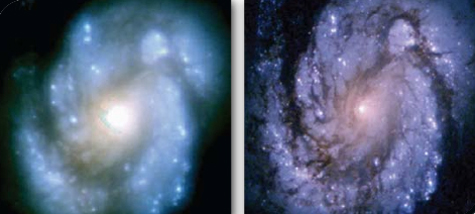 The MGS software demonstrated on before and after photos of a spiral galaxy. The right-hand image was improved by MGS
