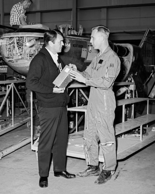 Actor James Doohan visits NASA’s Dryden (now Armstrong) Flight Research Center in California in 1967 with NASA pilot Bruce A. Peterson, in front of the M2-F2 lifting body aircraft