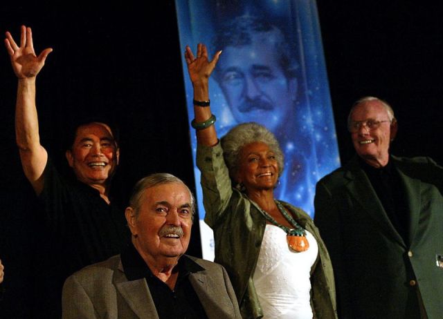 Doohan, second from left, during his retirement party with fellow Star Trek stars George Takei, left, and Nichelle Nichols, and Apollo 11 astronaut Neil A. Armstrong