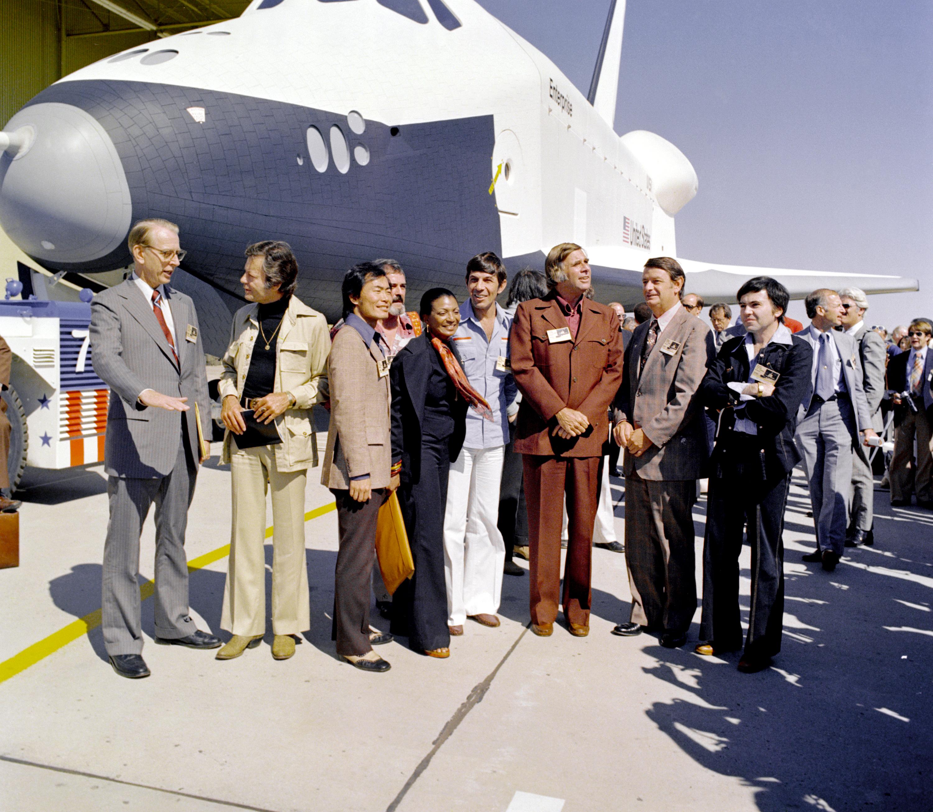 NASA Administrator James C. Fletcher, left, with the creator and cast members of Star Trek at the September 1976 rollout of space shuttle Enterprise