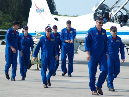 The STS-125 crew arrives at NASA's Kennedy Space Center in Florida for launch