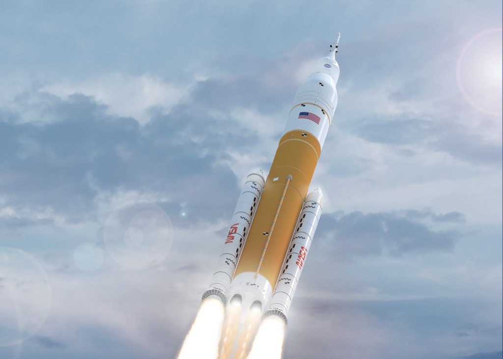 This artist’s concept shows NASA’s SLS (Space Launch System) in its Block 1B crew configuration.