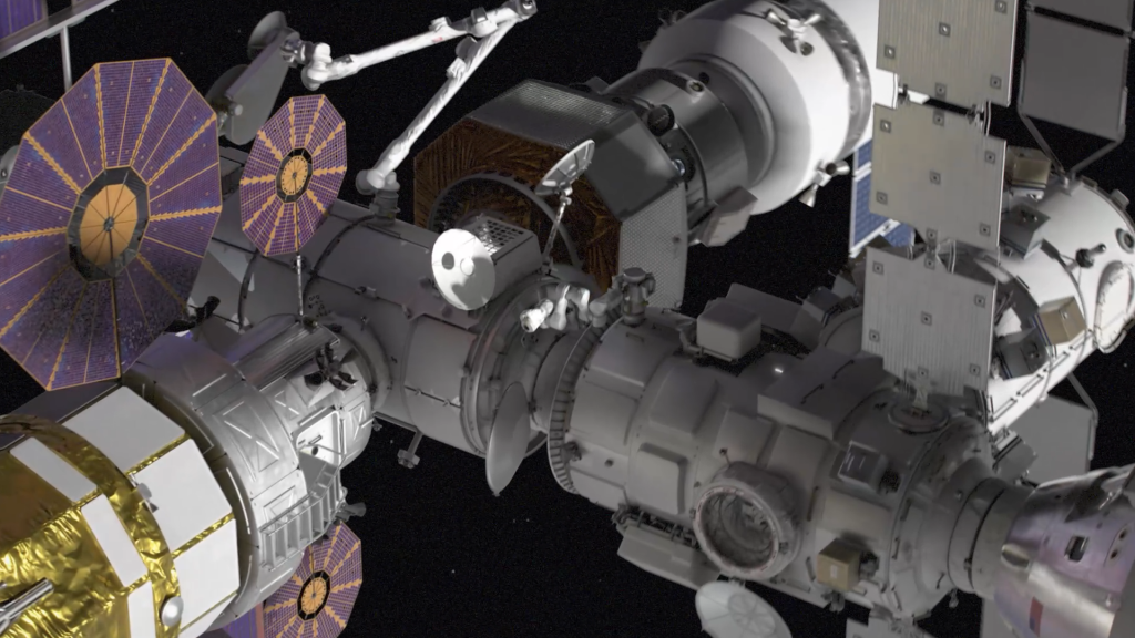 A detailed 3D rendering of the Gateway space station, highlighting its modules and structural components against the backdrop of deep space.