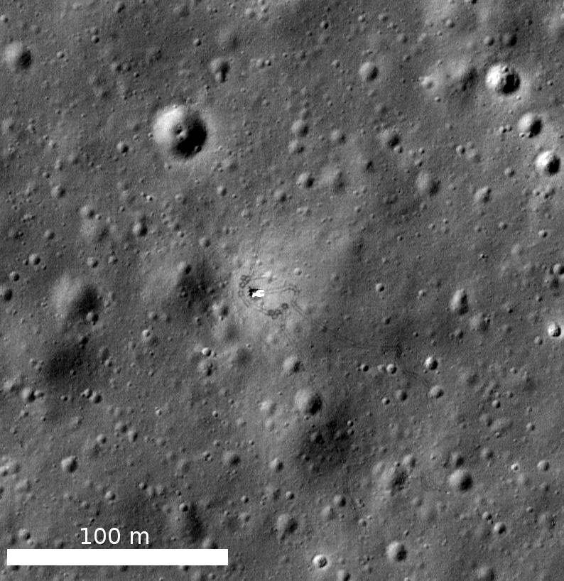 Lunar Reconnaissance Orbiter (LRO) image of Luna 17 that landed on the Moon on Nov. 17, 1970, and the tracks of the Lunokhod 1 rover that it deployed