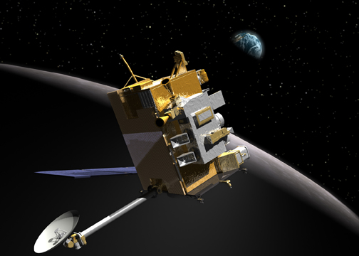 Illustration of the Lunar Reconnaissance Orbiter in lunar orbit