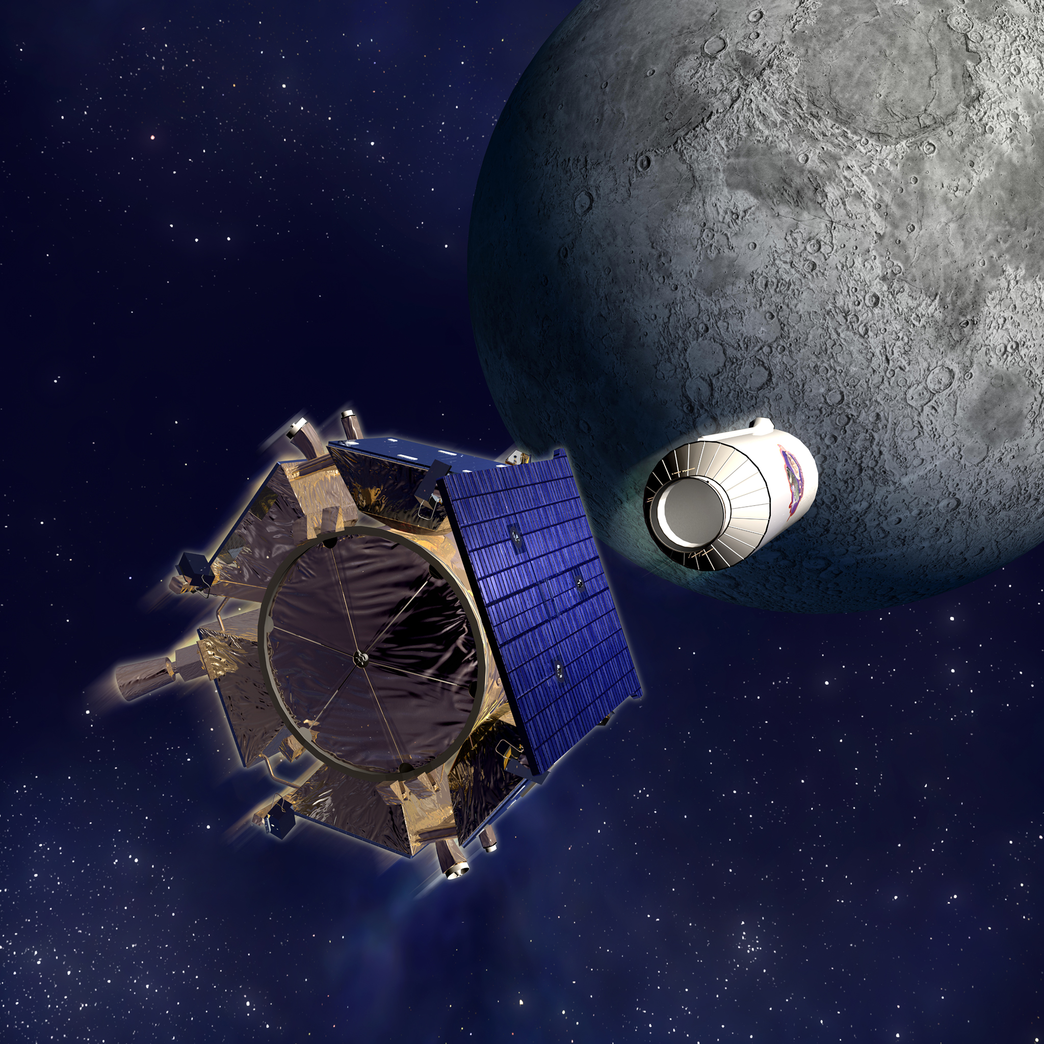 Illustration of the Lunar Crater Observation and Sensing Satellite's Shepherding Satellite at left and Centaur upper stage at right prior to lunar impact