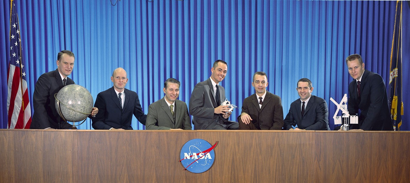 Official NASA photograph of the Group 7 astronauts – Karol J. Bobko, left, C. Gordon Fullerton, Henry W. Hartsfield, Robert L. Crippen, Donald H. Peterson, Richard H. Truly, and Robert F. Overmyer – transfers from the Manned Orbiting Laboratory program