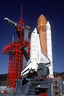 Space shuttle Enterprise during fit checks at the SLC-6 launch facility at Vandenberg Air Force (now Space Force) Base in 1985