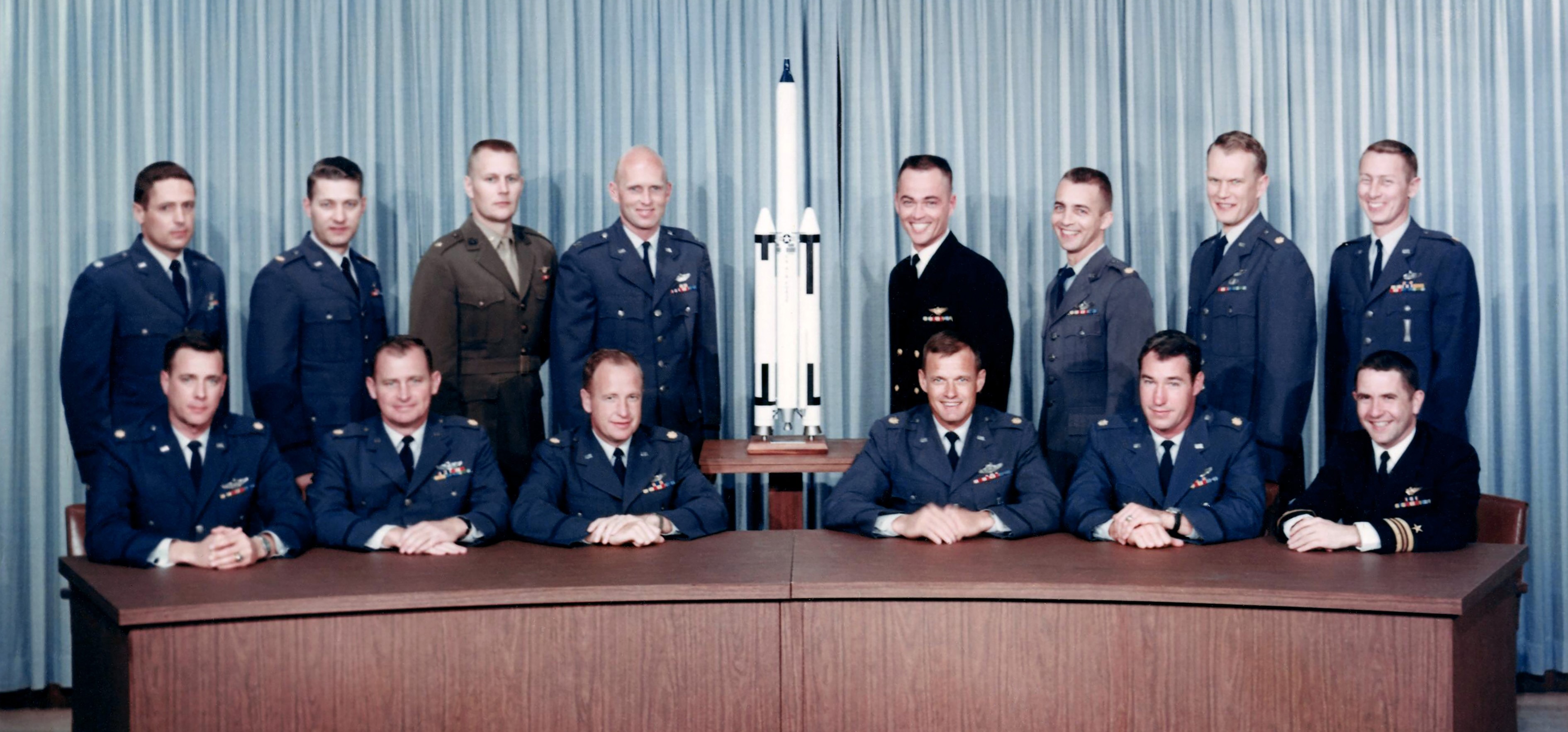 Group photo of 14 of the 15 Manned Orbiting Laboratory pilots still in the program in early 1968