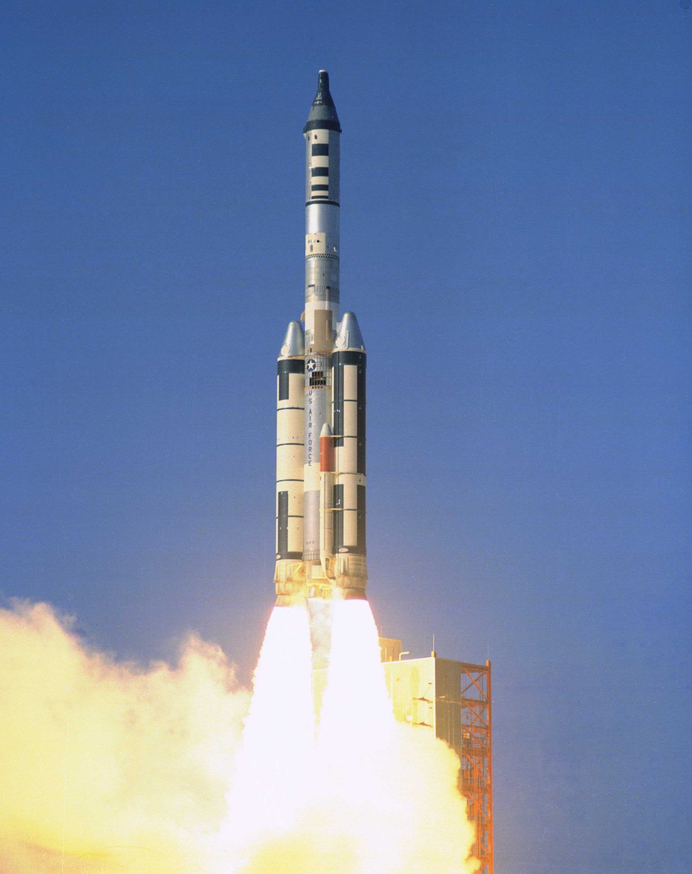 The only operational launch of the Manned Orbiting Laboratory (MOL) program, a Gemini-B capsule and a MOL mockup atop a Titan-IIIC rocket in 1966