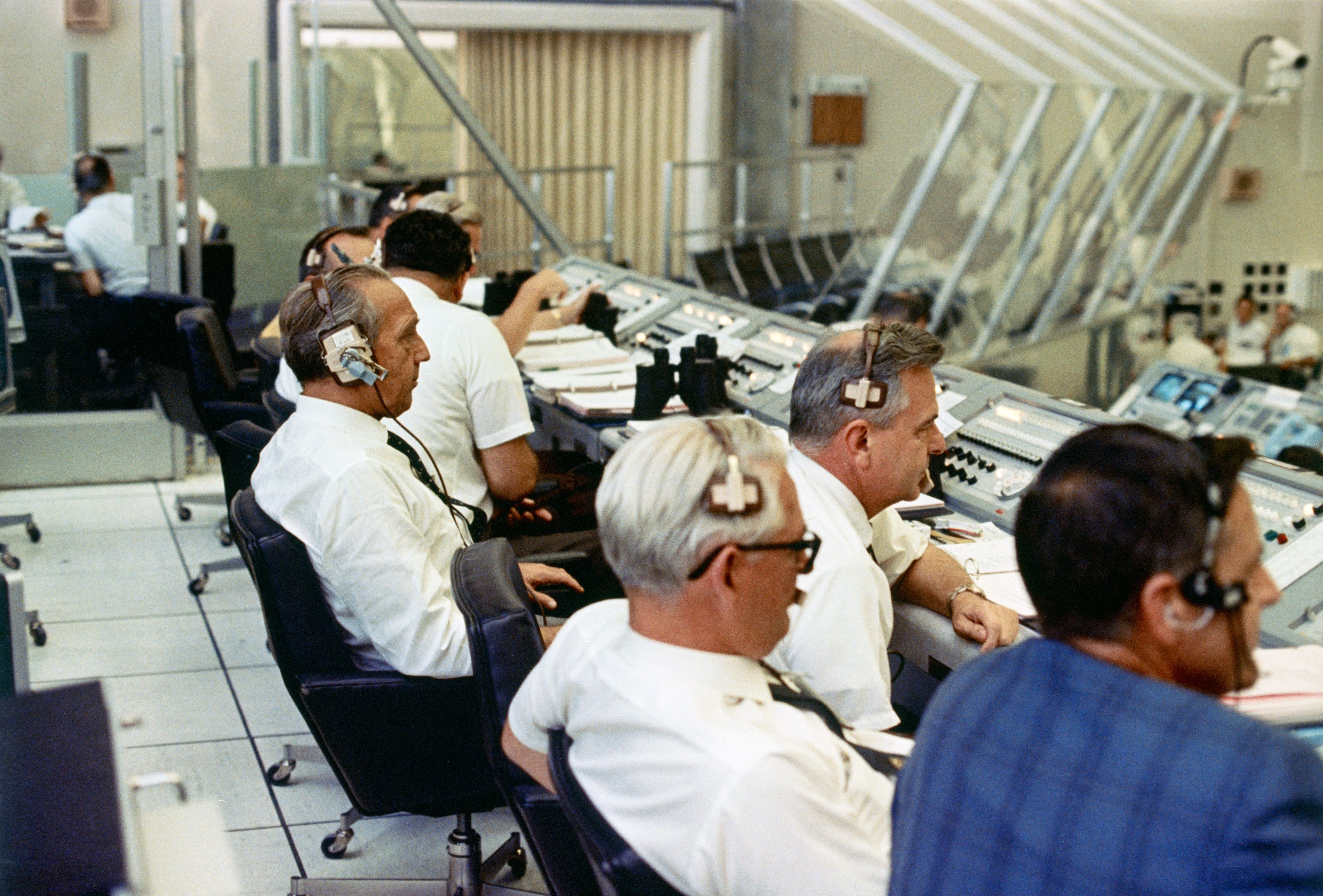 Senior NASA managers monitor the Apollo 11 Countdown Demonstration Test (CDDT) in Firing Room 1 of the Launch Control Center at NASA's Kennedy Space Center