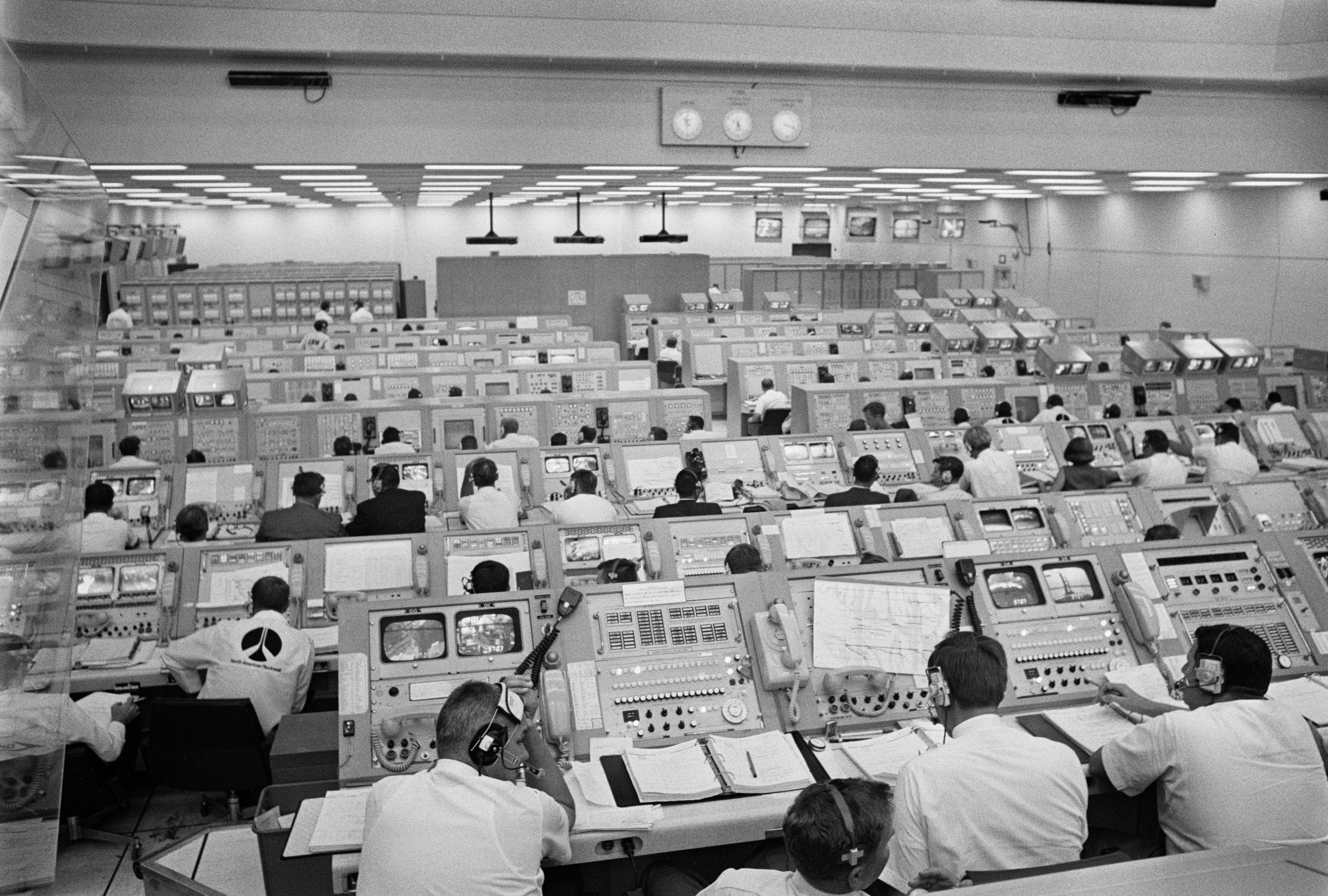 The team of controllers in Firing Room 1 monitor the Apollo 11 CDDT