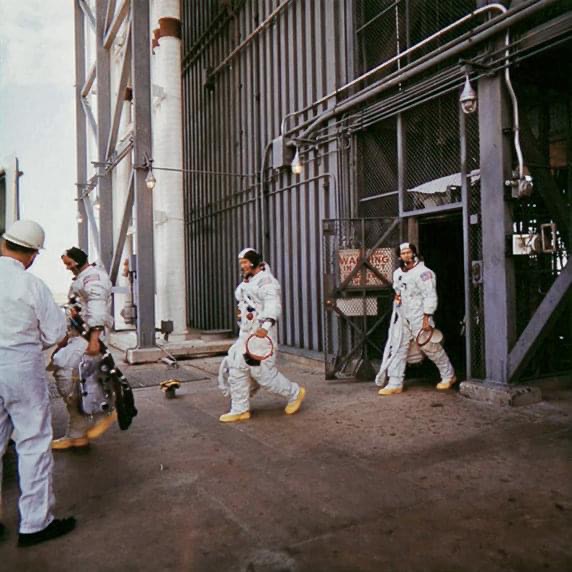Armstrong, left, Aldrin, and Collins leave Launch Pad 39A at the conclusion of the CDDT