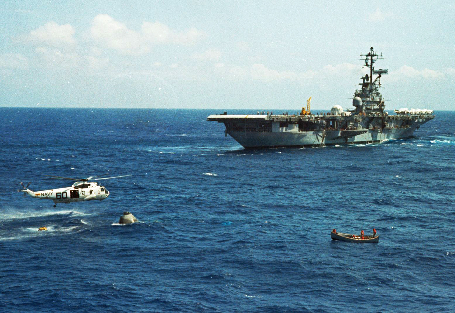 Crews from the U.S.S. Hornet practice recovery operations