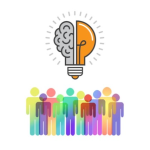 Group of people in silhouette with a lightbulb hovering above them to symbolize a great idea coming from a team of solvers.